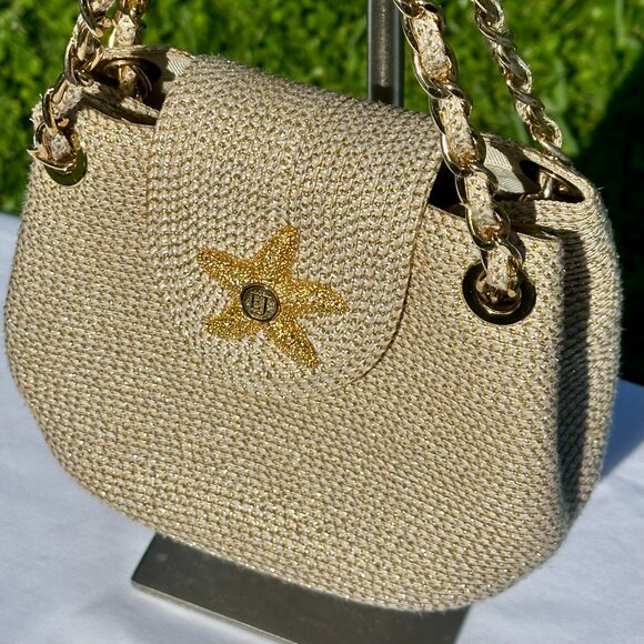 Eric Javits Raffia Sand Dollar Top Handle Chain Strap Gold Metallic Bag - Picture 5 of 13